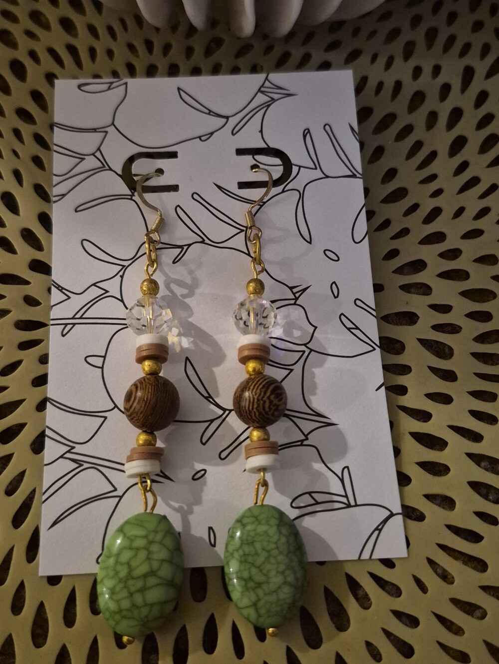 Green Stone Drop Earrings with Wood Beads